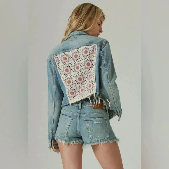 LUCKY BRAND Crochet Capsule Trucker Denim Distressed Jacket, Size Medium - Picture 2 of 16